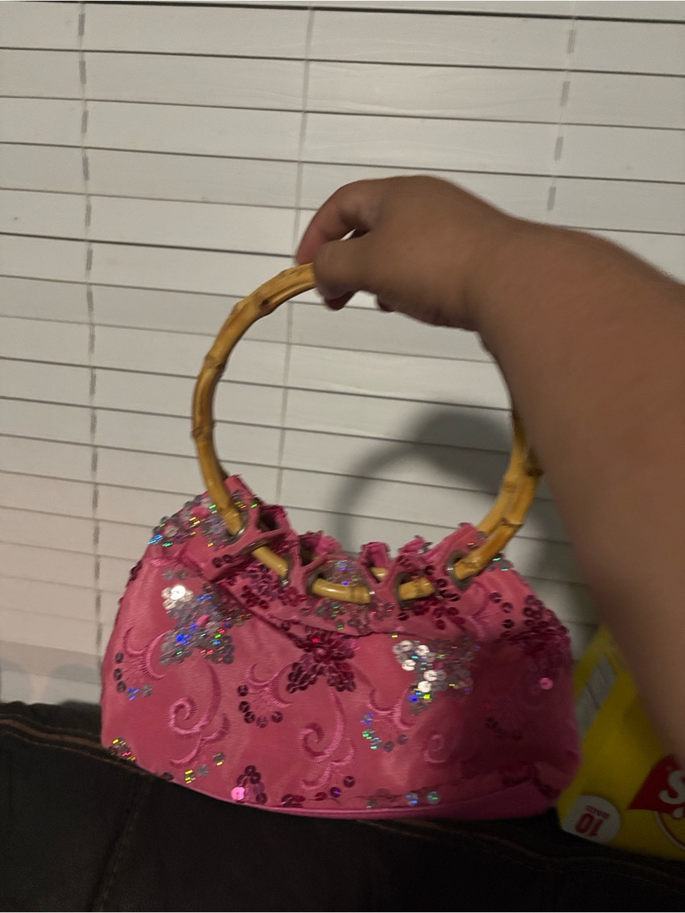 Pink Sequin Bamboo-Handle Evening Bag